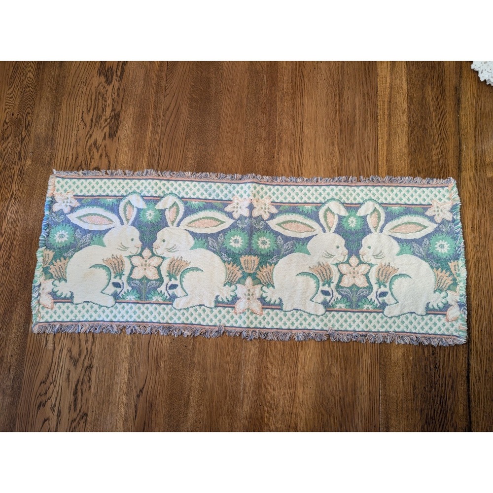 Vintage Table Runner 34x12 in, Cotton Tapestry, White Bunny Rabbit, Fringe